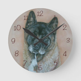 realist portrait painting of black face akita dog round clock