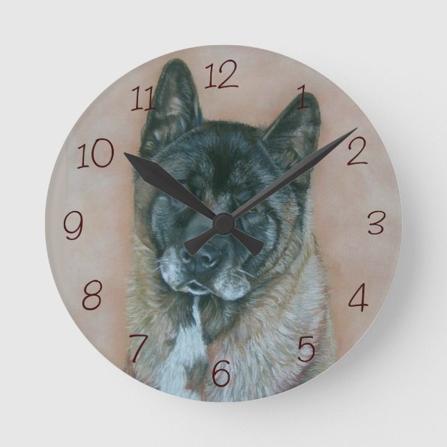 realist portrait painting of black face akita dog round clock (Front)