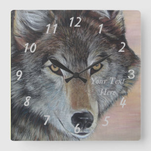 realist wildlife painting of gray wolf square wall clock