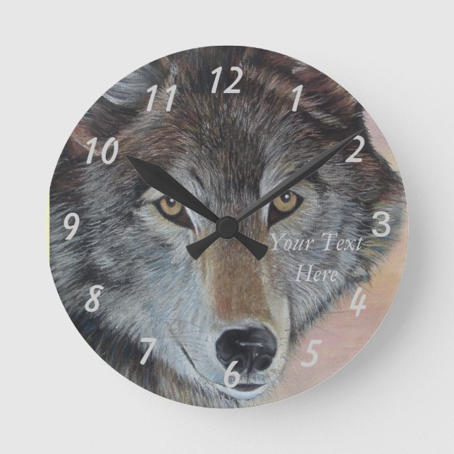 realist wildlife painting of grey wolf round clock (Front)