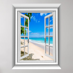 Realistic 3D Beach Scene Fake Window View Poster