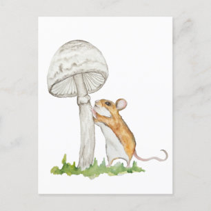 Realistic a funny field mouse and mushroom postcard
