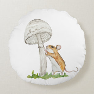 Realistic a funny field mouse and mushroom round cushion