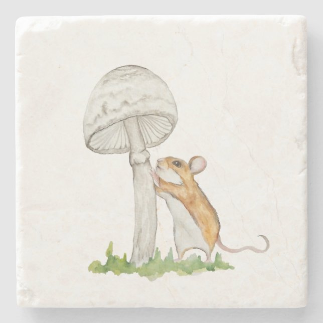 Realistic a funny field mouse and mushroom stone coaster (Front)