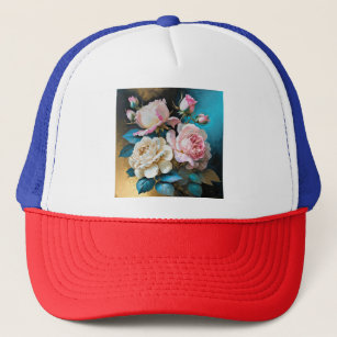 Realistic Art of Beautiful Pink and White Roses T- Trucker Hat