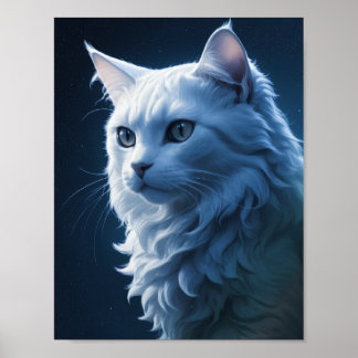 Realistic Beautiful Starry Night Sky White Cat  Poster