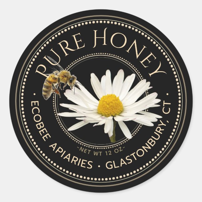 Realistic Bee and Daisy Honey Label Black (Front)