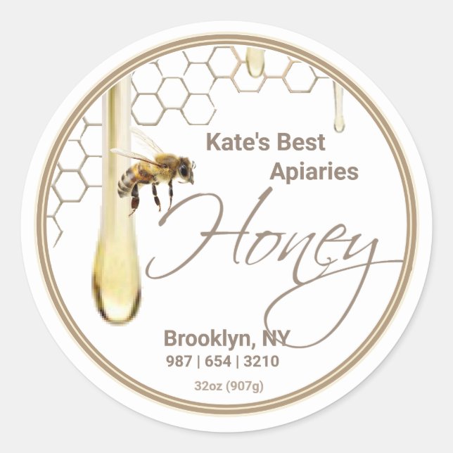 Realistic Bee Honeycomb Honey drip label white (Front)