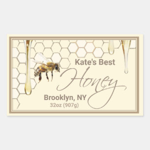 Realistic Bee Honeycomb Honey Drip Rectangle label