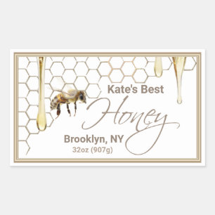 Realistic Bee Honeycomb Honey Drip Rectangle label