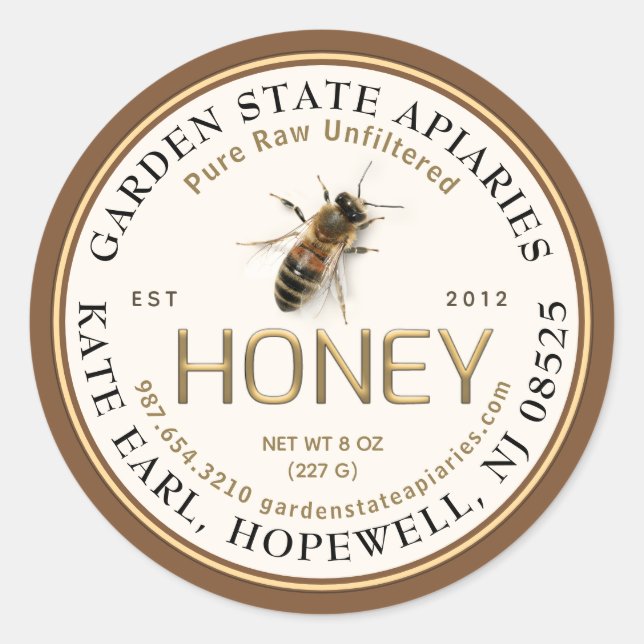 Realistic Bee Pure Raw Local Embossed Text Honey Classic Round Sticker (Front)