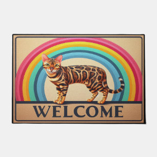 Realistic Bengal Cat with Colourful Border Welcome Doormat