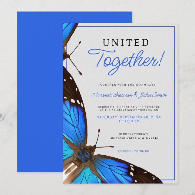 Realistic Blue Butterflies Wedding Invitation (Front/Back)
