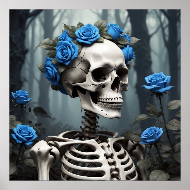 Realistic Blue Roses Floral Skeleton Poster (Front)