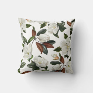 Realistic botanical magnolia flowers and leaves  cushion