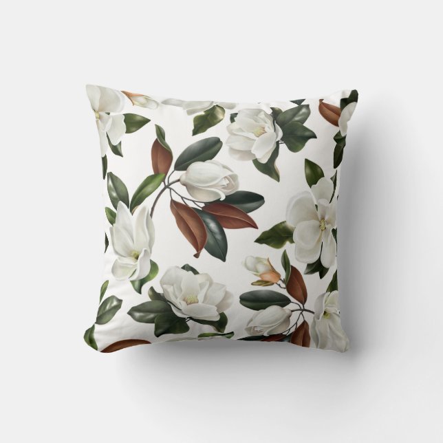 Realistic botanical magnolia flowers and leaves  cushion (Front)