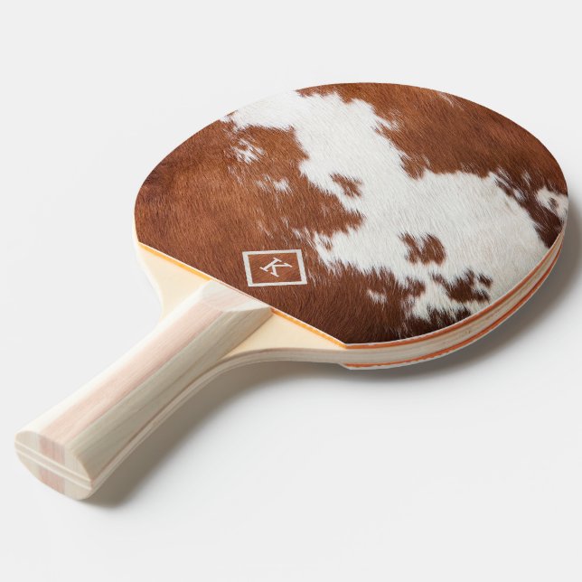 Realistic brown and white cowhide texture monogram ping pong paddle (Back Angle)