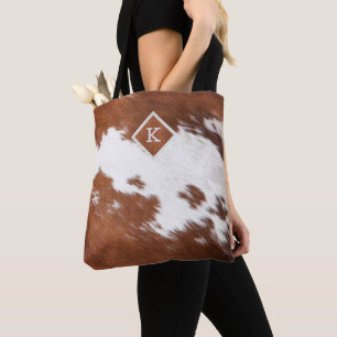 Realistic brown and white cowhide texture monogram tote bag