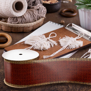 Realistic Burlap Texture Simple Rustic Gold & Red Satin Ribbon