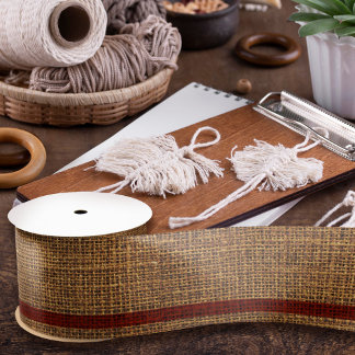 Realistic Burlap Texture Simple Rustic Gold & Red Satin Ribbon