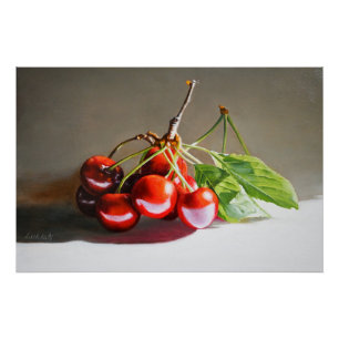Realistic Cherry Still Life with Leaves Fine Art Poster