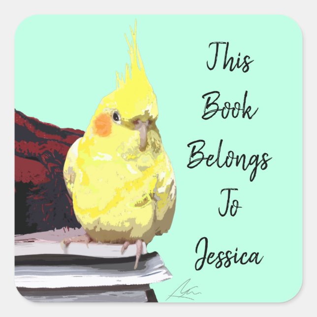 Realistic Cockatiel Bird Perched on Books Art Cute Square Sticker (Front)