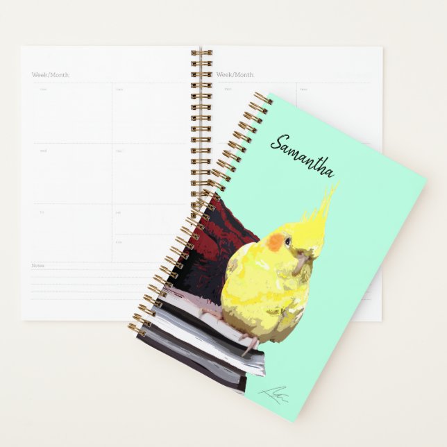 Realistic Cockatiel Bird Perched on Books Painting Planner (Display)