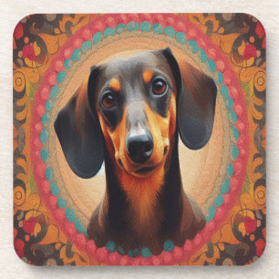 Realistic Colourful Border Cute Dachshund Dog love Coaster