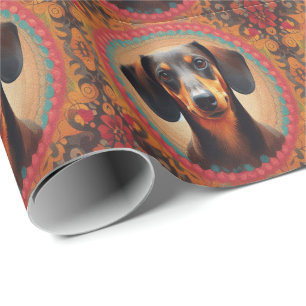Realistic Colourful Border Cute Dachshund Dog love Wrapping Paper