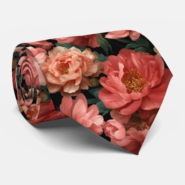 Realistic Coral Peony Floral Pattern Tie (Rolled)
