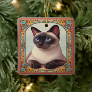 Realistic Cute Siamese Cat Colourful Floral Border Ceramic Ornament