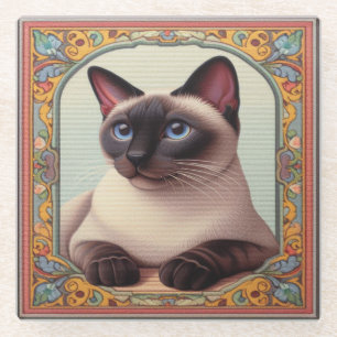 Realistic Cute Siamese Cat Colourful Floral Border Glass Coaster