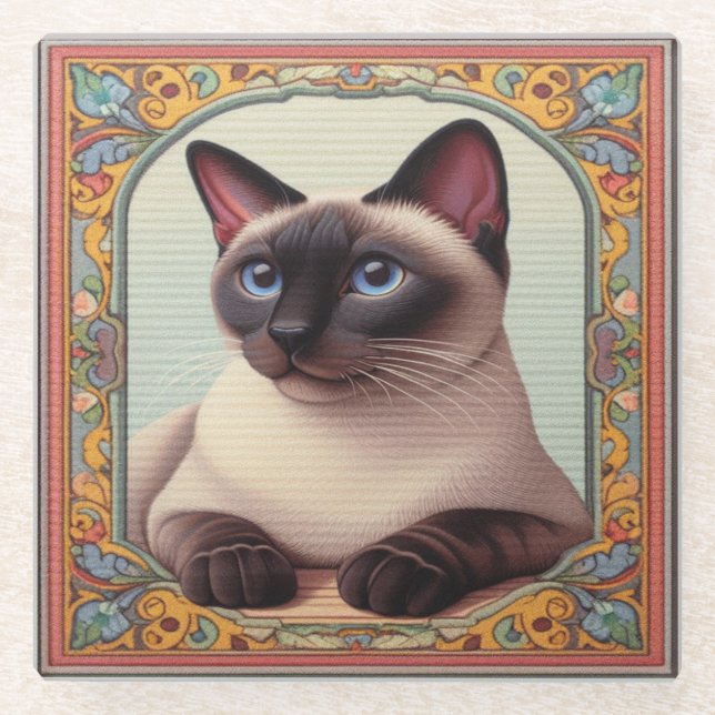 Realistic Cute Siamese Cat Colourful Floral Border Glass Coaster (Front)