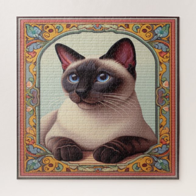 Realistic Cute Siamese Cat Colourful Floral Border Jigsaw Puzzle (Vertical)