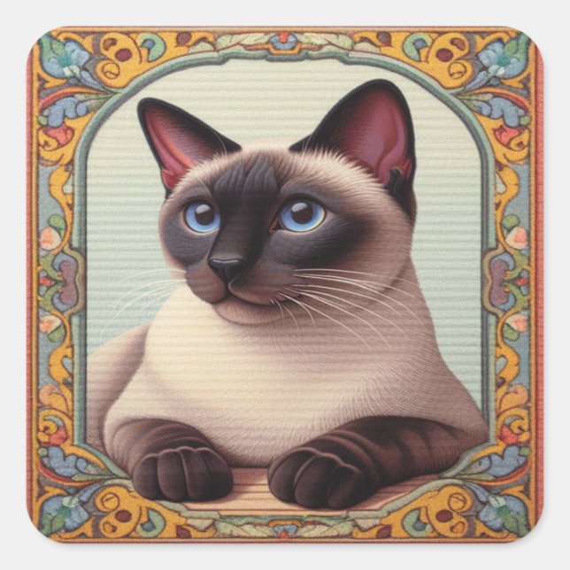 Realistic Cute Siamese Cat Colourful Floral Border Square Sticker (Front)