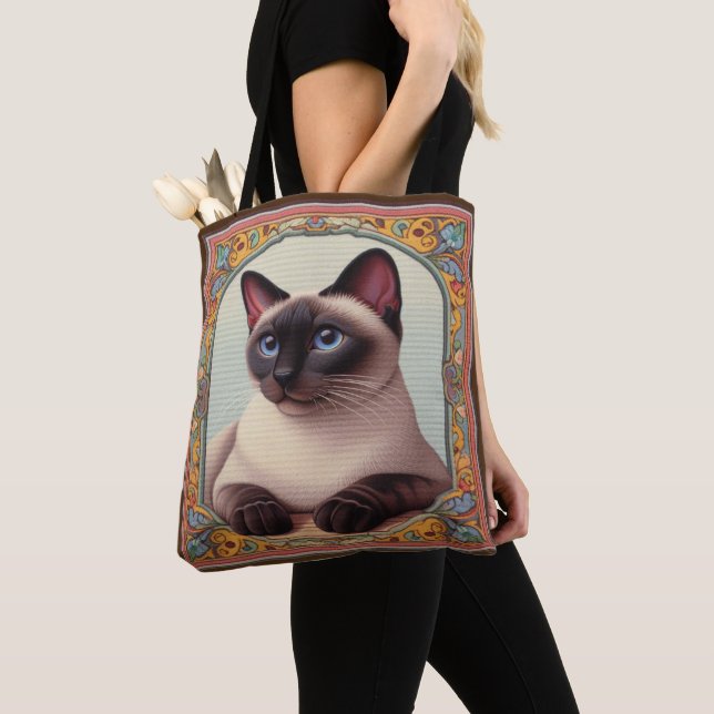 Realistic Cute Siamese Cat Colourful Floral Border Tote Bag (Close Up)