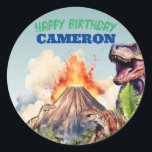 Realistic Dinosaurs and Volcano Custom Name Classic Round Sticker<br><div class="desc">This custom sticker label features a prehistoric dinosaur theme with realistic dino images. A picture of an exploding volcano is at the bottom, with dinosaurs roaming in front of it. A scary tyrannosaurus rex is running up from behind. The classic "Happy Birthday" greeting message and a sample name are printed...</div>