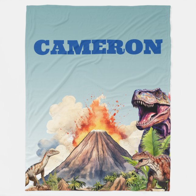 Realistic Dinosaurs and Volcano Custom Name Fleece Blanket (Front)