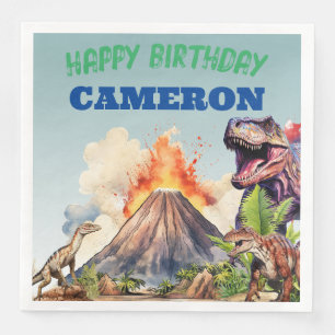Realistic Dinosaurs and Volcano Custom Name Napkin