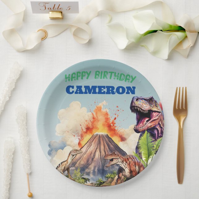 Realistic Dinosaurs and Volcano Custom Name Paper Plate (Wedding)