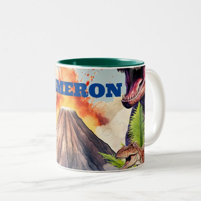 Realistic Dinosaurs and Volcano Custom Name Two-Tone Coffee Mug (Front Right)