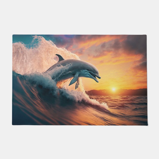 Realistic Dolphin Jumping Ocean Sunset Kids Adult  Doormat (Front)