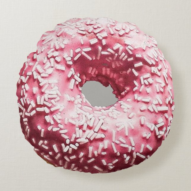 Realistic Doughnut with Pink Frosting & Sprinkles Round Cushion (Front)