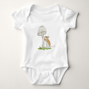 Realistic drawing of a funny field mouse and mushr baby bodysuit