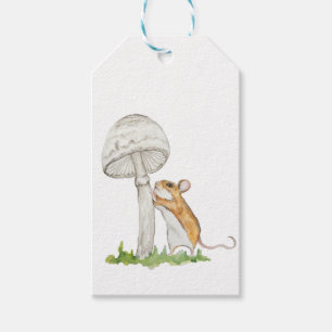 Realistic drawing of a funny field mouse and mushr gift tags