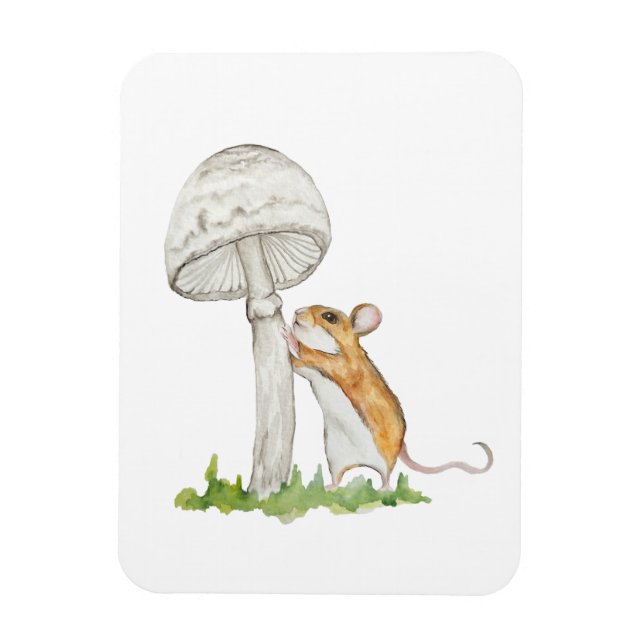 Realistic drawing of a funny field mouse and mushr magnet (Vertical)