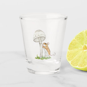 Realistic drawing of a funny field mouse and mushr shot glass