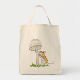Realistic drawing of a funny field mouse and mushr tote bag