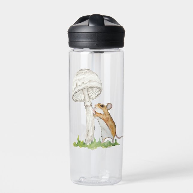 Realistic drawing of a funny field mouse and mushr water bottle (Front)