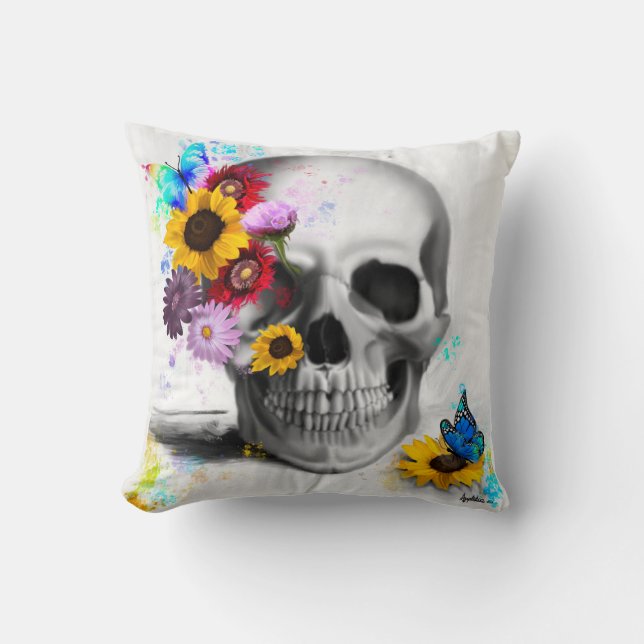 Realistic floral butterfly skull cushion (Front)